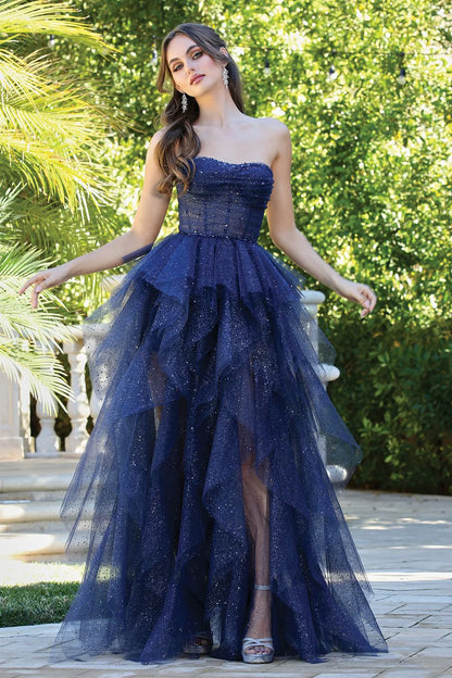 Whimsical strapless glitter tulle evening dress with corset bodice, layered ruffle skirt and lace-up back