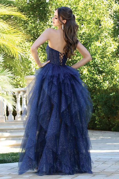 Whimsical strapless glitter tulle evening dress with corset bodice, layered ruffle skirt and lace-up back