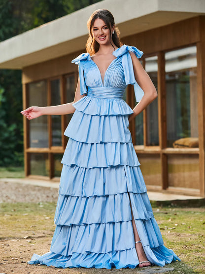 Whimsical tiered A-line V-neck bow-sleeve open-back floor-length evening dress