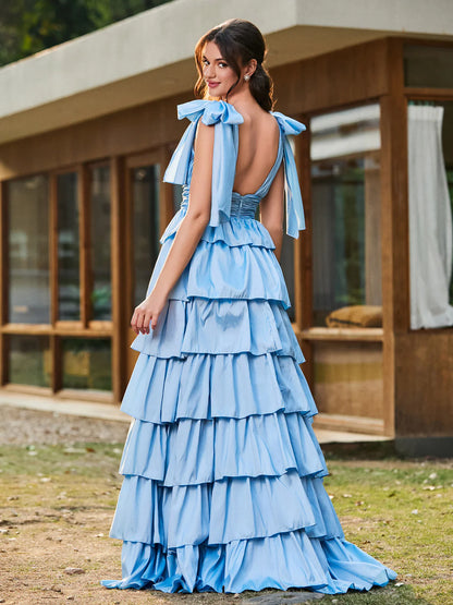 Whimsical tiered A-line V-neck bow-sleeve open-back floor-length evening dress