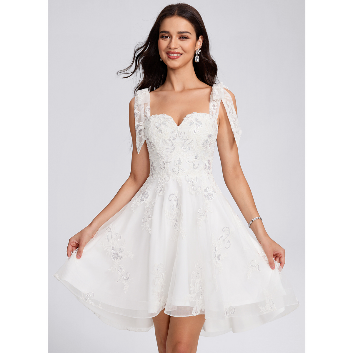 White Convertible Off The Shoulder Lace Sequin Homecoming Dress With Corset Back