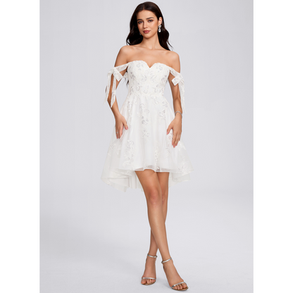 White Convertible Off The Shoulder Lace Sequin Homecoming Dress With Corset Back
