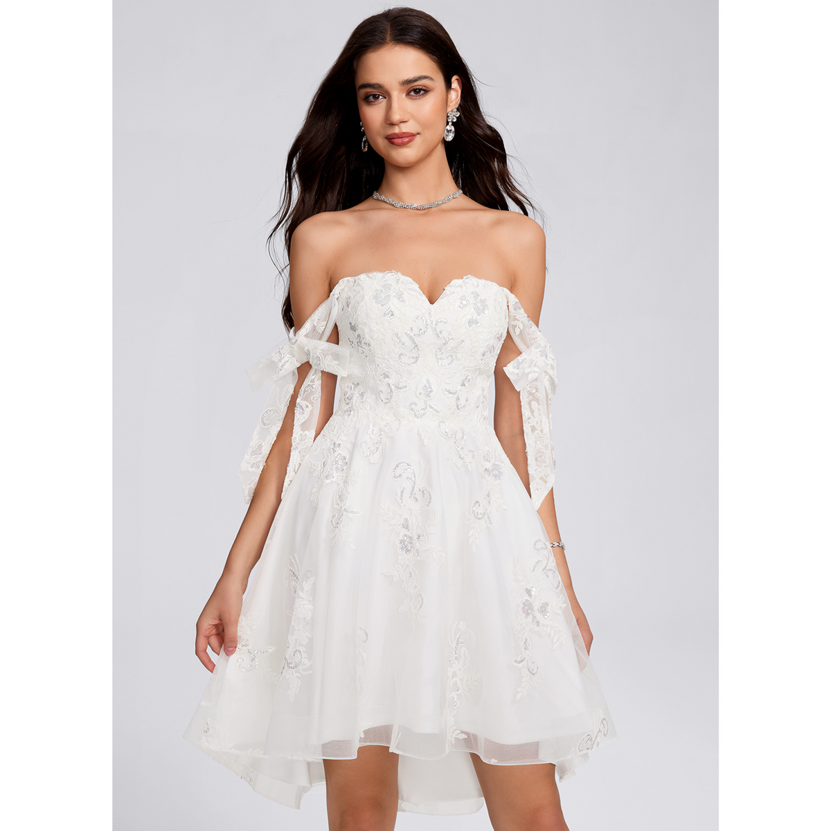 White Convertible Off The Shoulder Lace Sequin Homecoming Dress With Corset Back