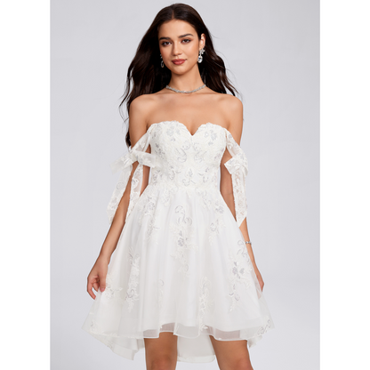 White Convertible Off The Shoulder Lace Sequin Homecoming Dress With Corset Back