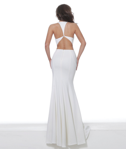 White Deep V Racerback Mermaid Prom Dress Cutout Back Prom Gown