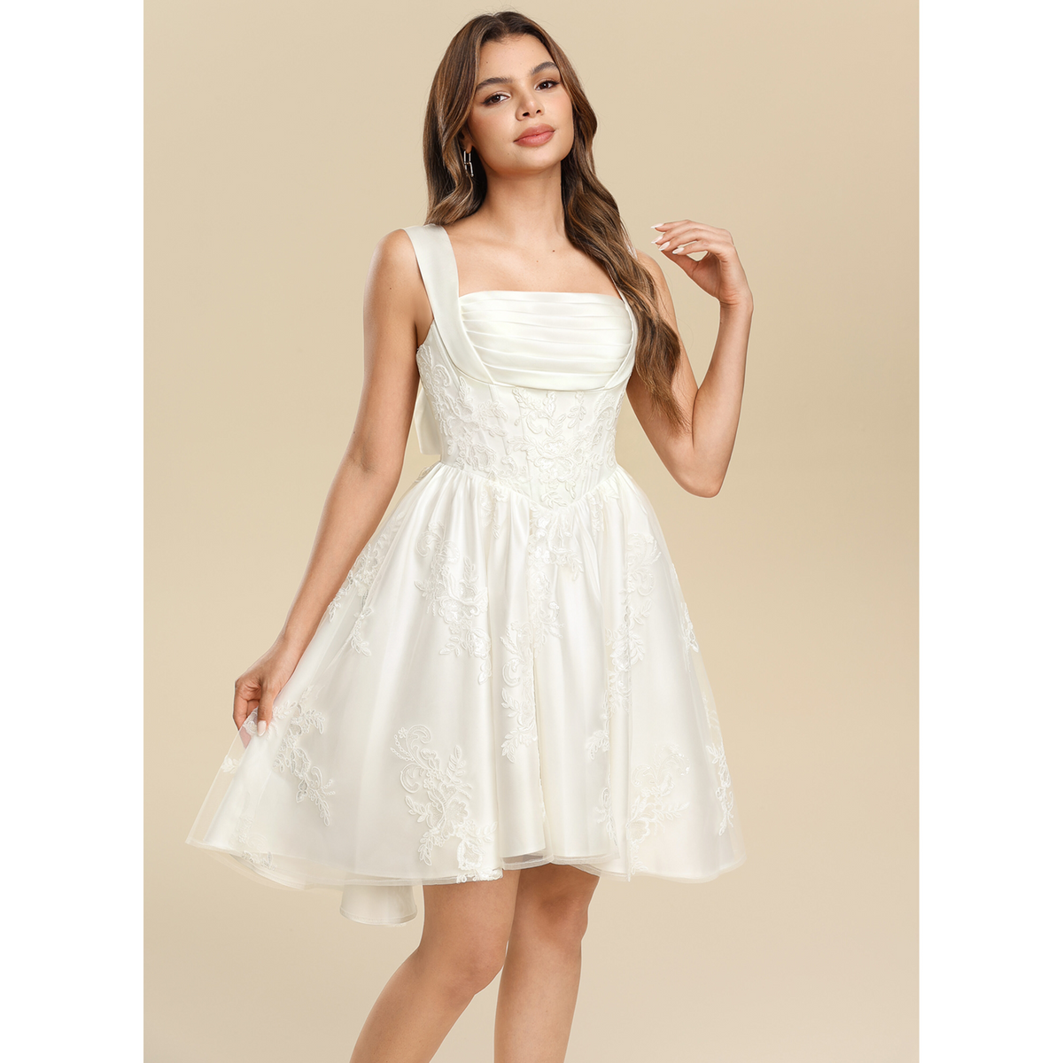 White Satin Square Neck Corset Lace Applique A-Line Short Homecoming Dress with Back Bow
