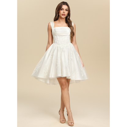 White Satin Square Neck Corset Lace Applique A-Line Short Homecoming Dress with Back Bow