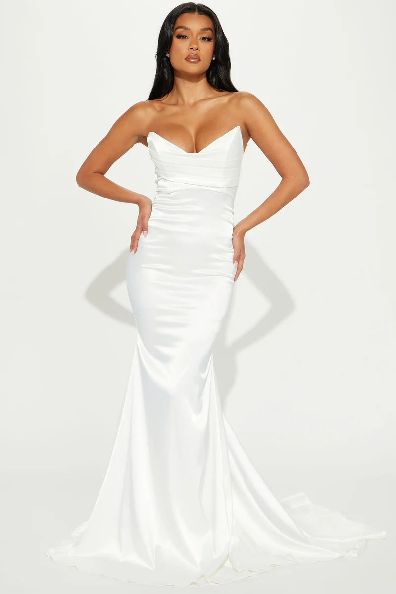 White Strapless Sweetheart Ruched Satin Mermaid Evening Dress