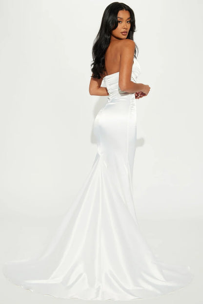 White Strapless Sweetheart Ruched Satin Mermaid Evening Dress