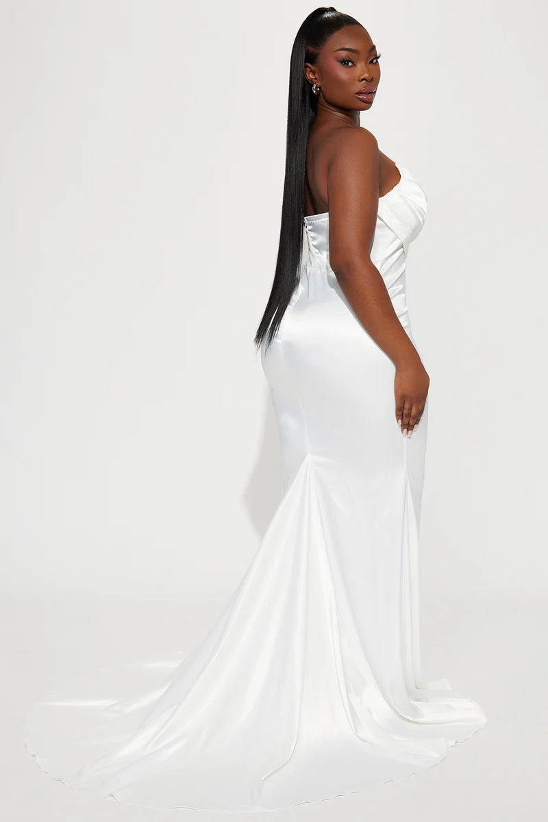White Strapless Sweetheart Ruched Satin Mermaid Evening Dress
