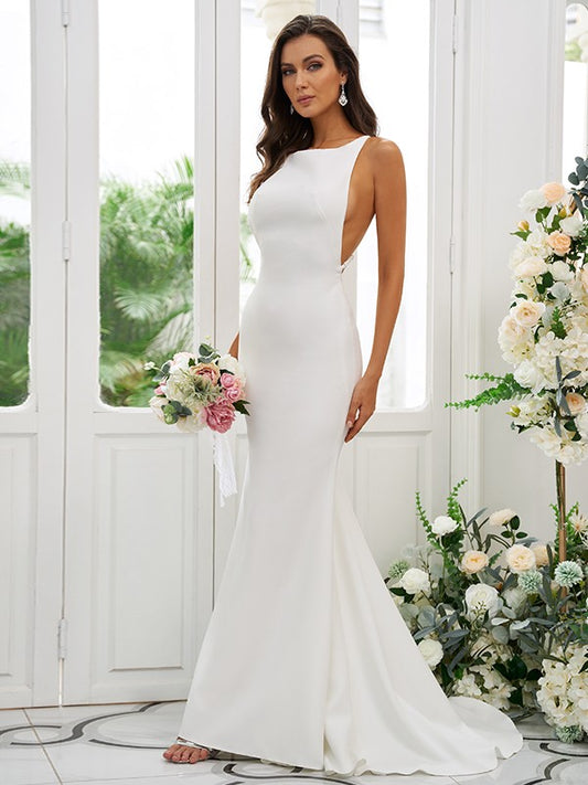 White Mermaid Square Neck Crisscross Back Satin Sweep Train Minimalist Wedding Dress