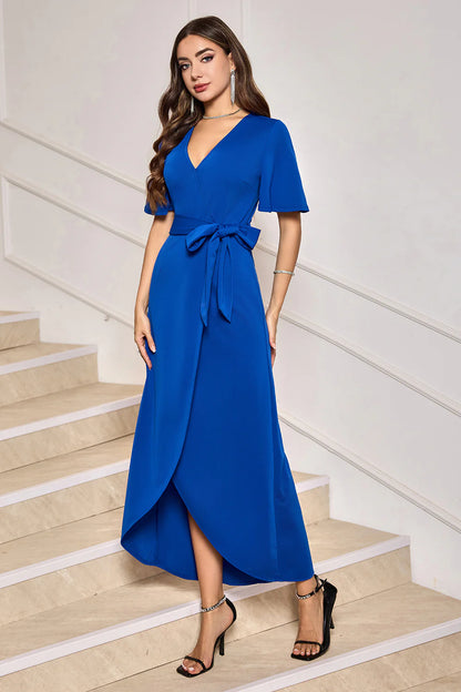 Wrap-style crepe V-neck flutter-sleeve belted high-low mother of the bride dresses