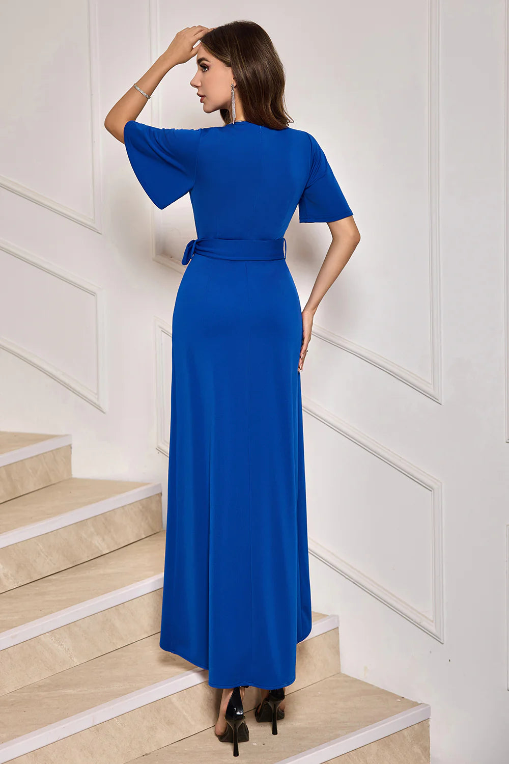 Wrap-style crepe V-neck flutter-sleeve belted high-low mother of the bride dresses