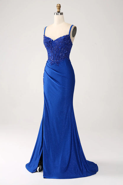 Sequin Royal Blue Mermaid Thin Shoulder Strap Sticker Long Prom Dress