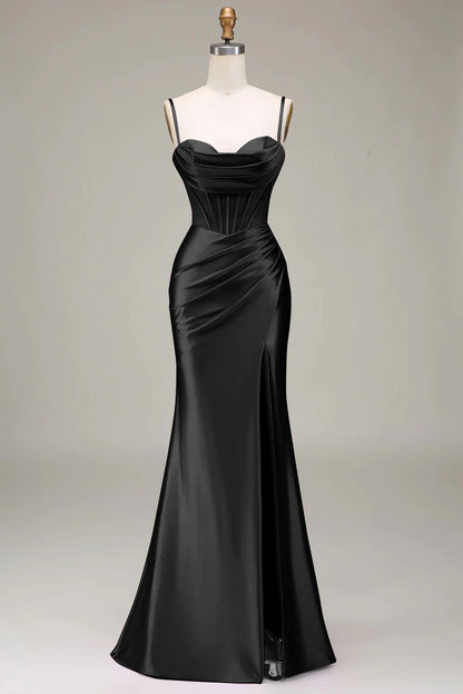 Fish tail satin thin shoulder strap light purple tight fitting corset with slit prom dress