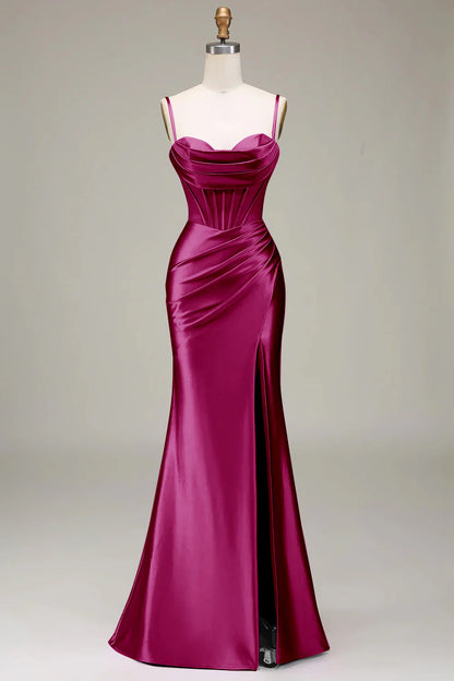 Fish tail satin thin shoulder strap light purple tight fitting corset with slit prom dress
