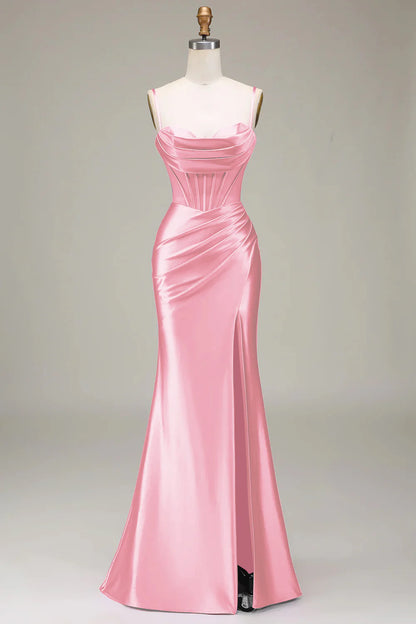 Fish tail satin thin shoulder strap light purple tight fitting corset with slit prom dress