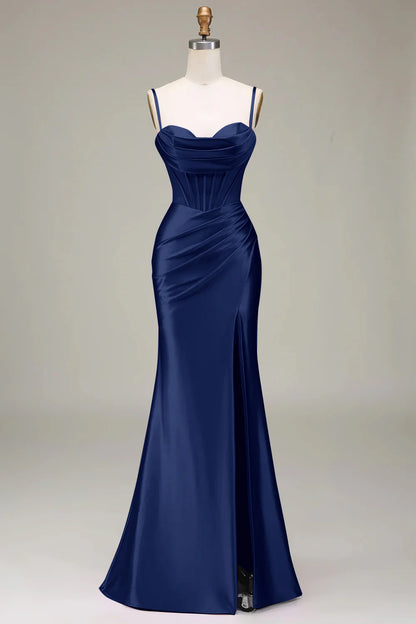 Fish tail satin thin shoulder strap light purple tight fitting corset with slit prom dress