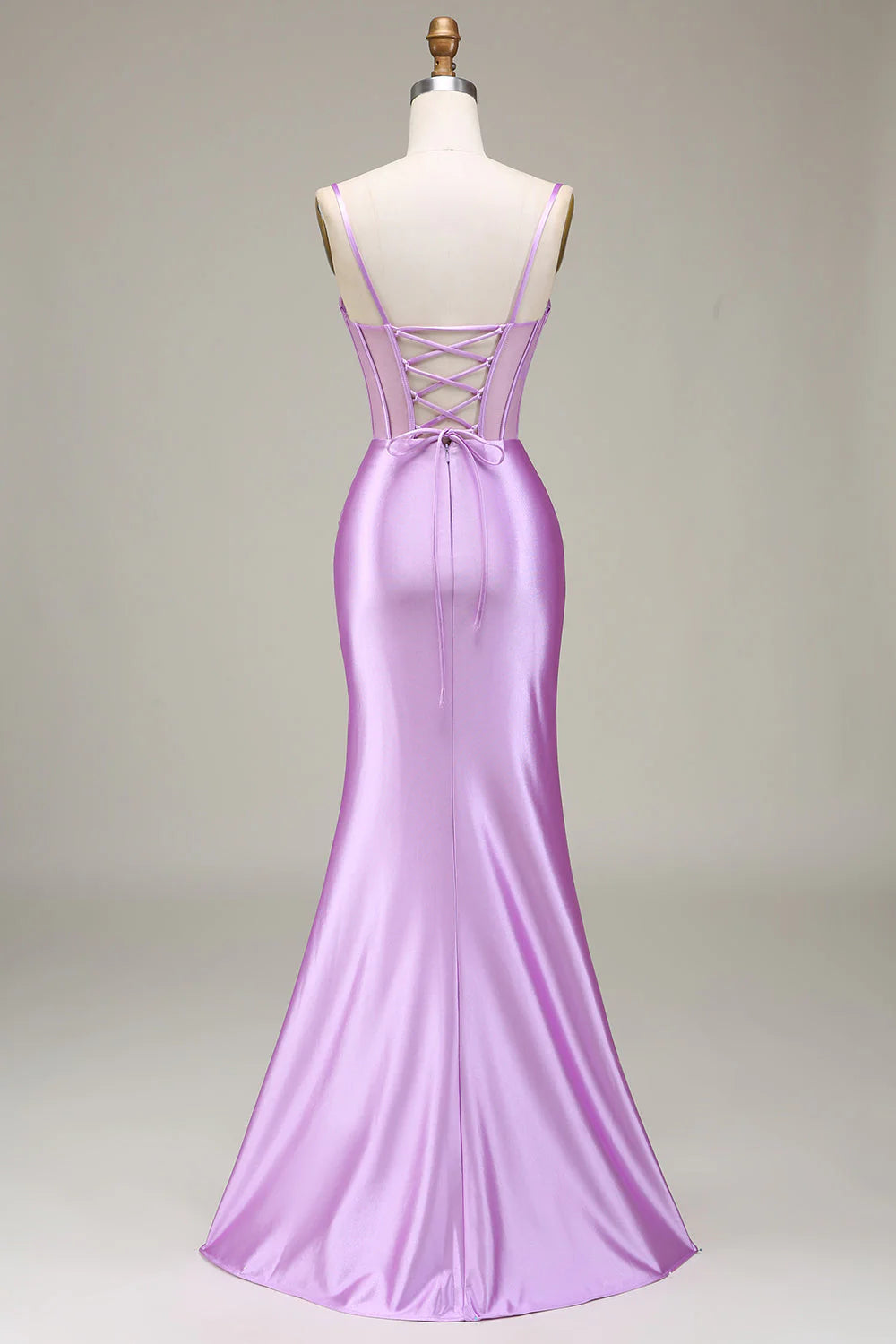 Fish tail satin thin shoulder strap light purple tight fitting corset with slit prom dress