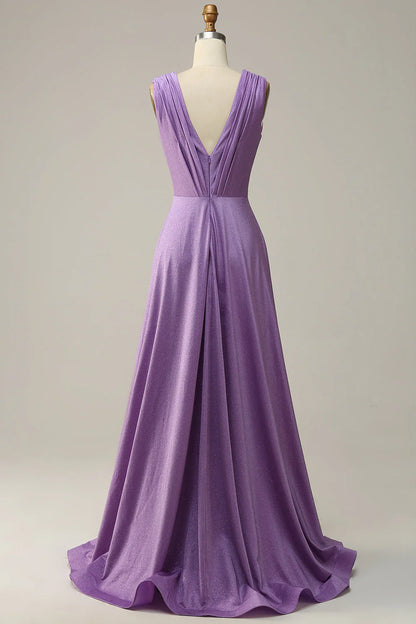 A-shaped deep V-neck purple sleeveless prom dress