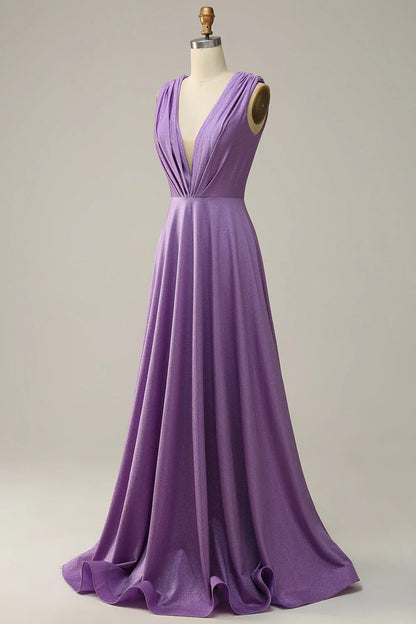 A-shaped deep V-neck purple sleeveless prom dress
