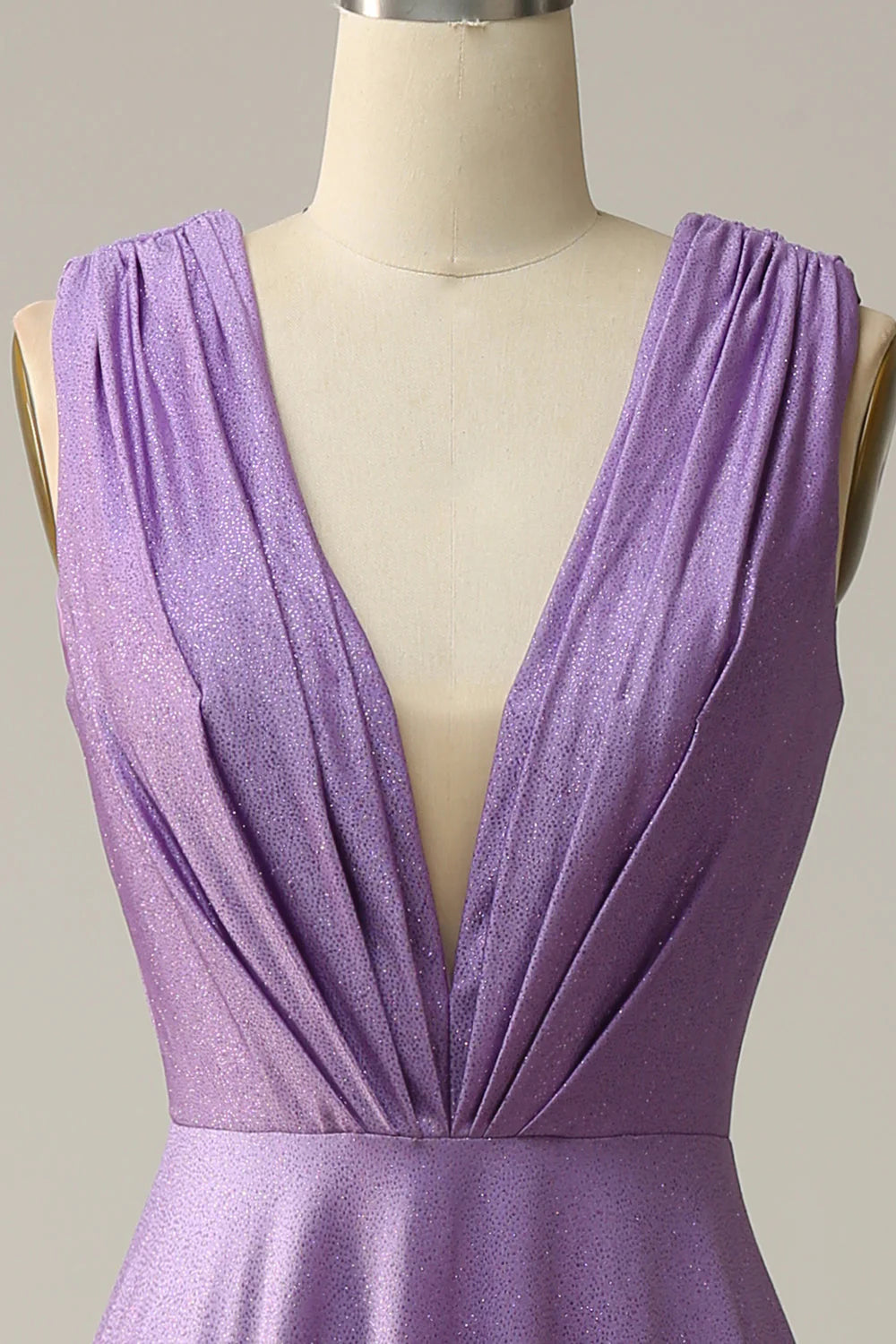 A-shaped deep V-neck purple sleeveless prom dress