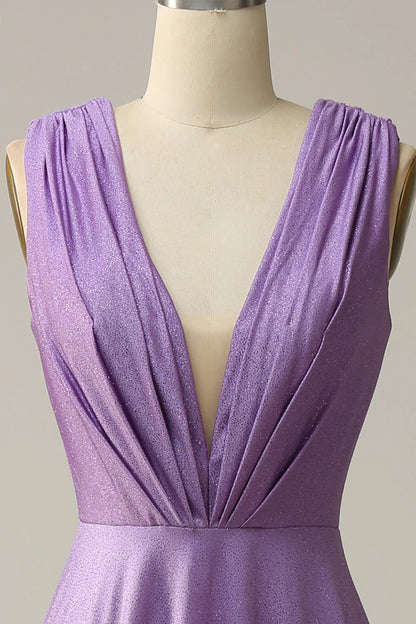 A-shaped deep V-neck purple sleeveless prom dress