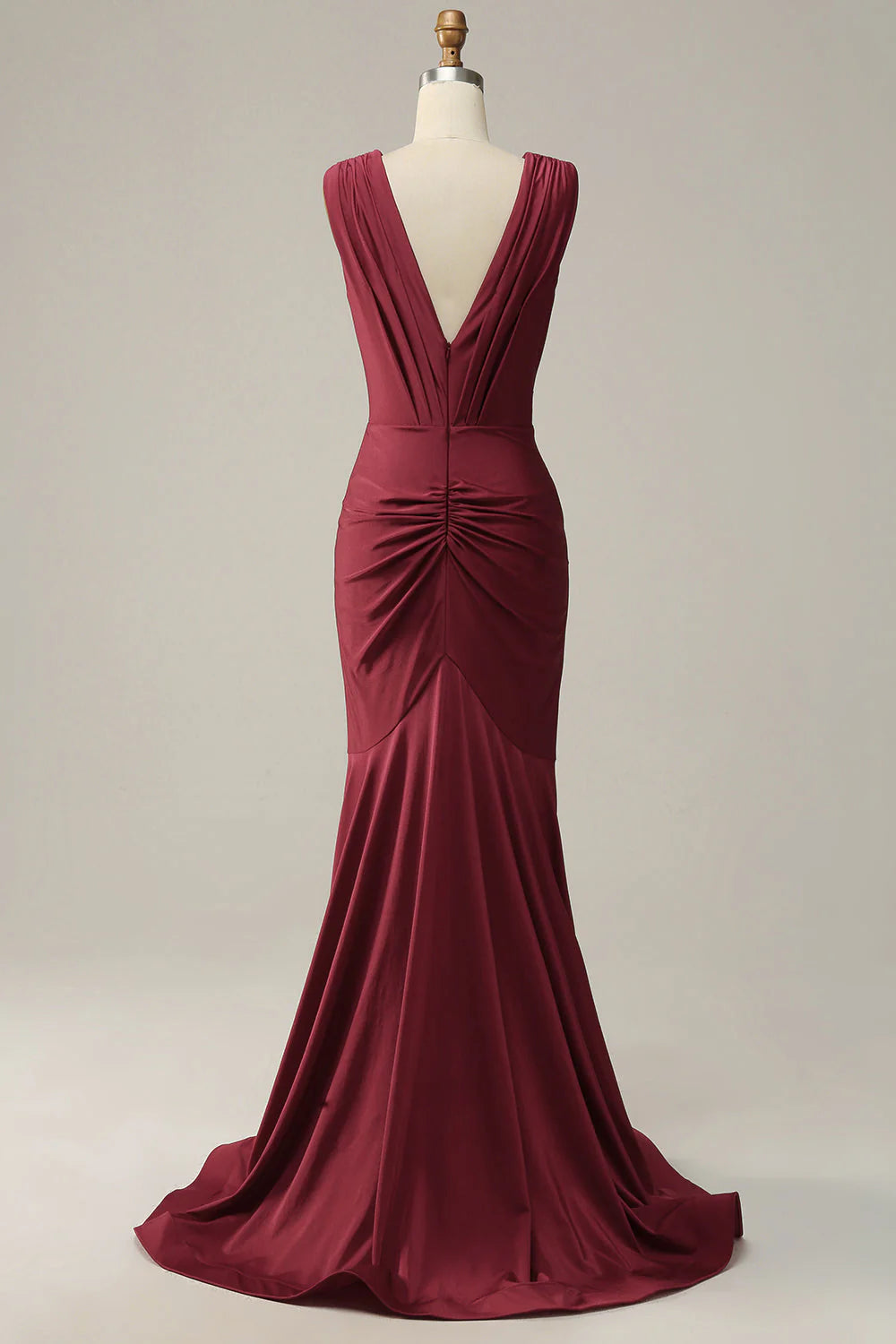 Fish tail deep V-neck wine red sleeveless long prom dress