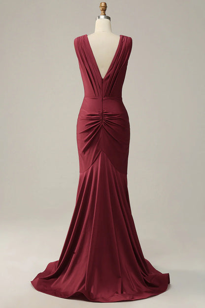 Fish tail deep V-neck wine red sleeveless long prom dress