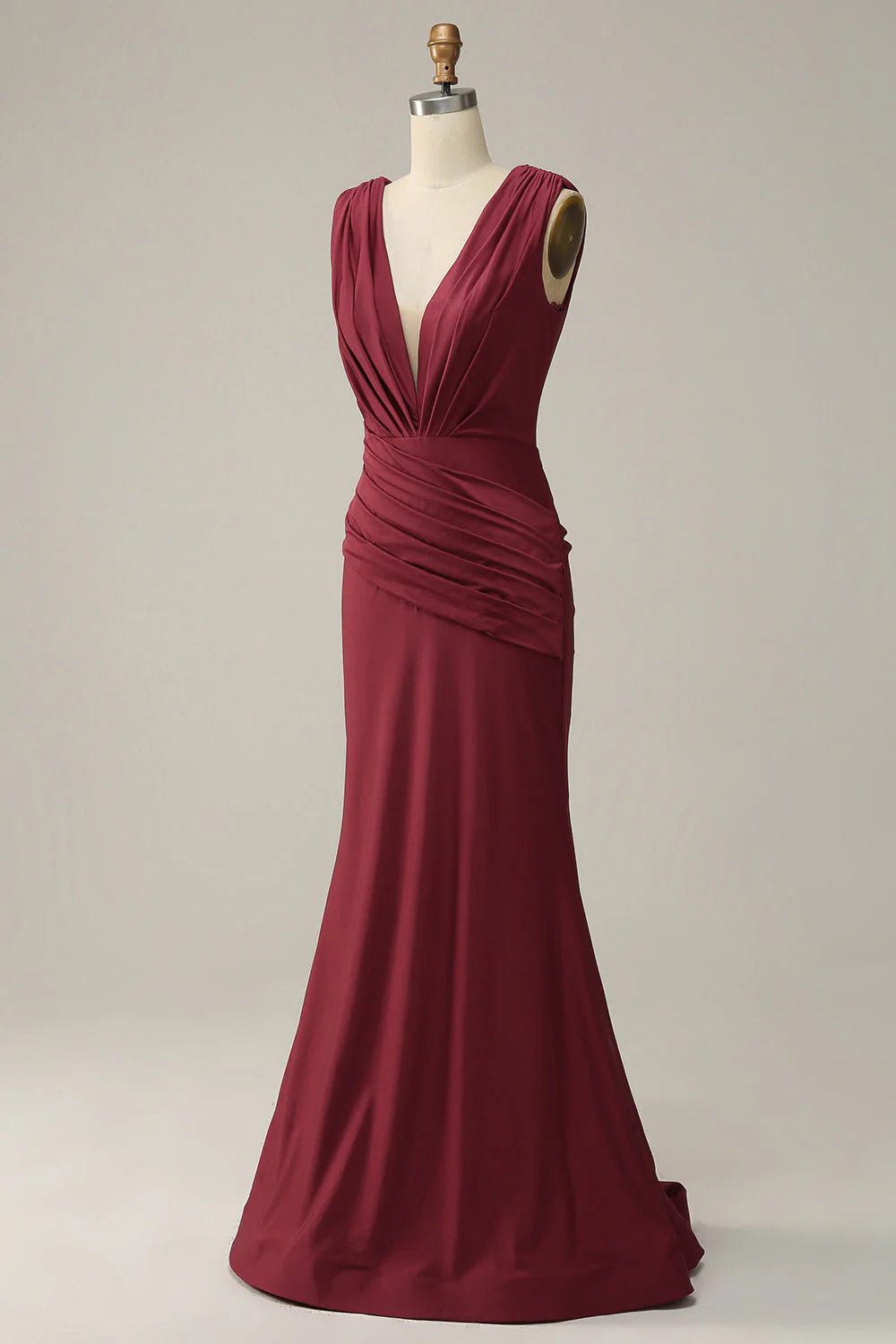 Fish tail deep V-neck wine red sleeveless long prom dress