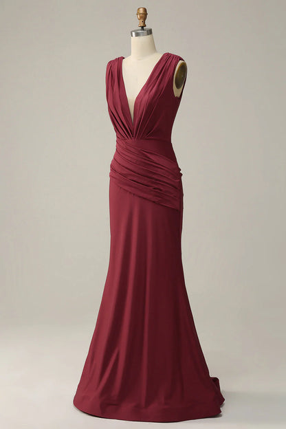 Fish tail deep V-neck wine red sleeveless long prom dress