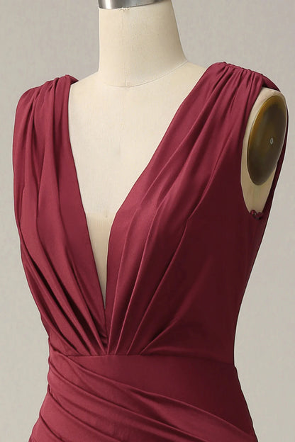 Fish tail deep V-neck wine red sleeveless long prom dress