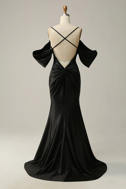 Fish tail off shoulder black off back long prom dress