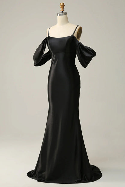 Fish tail off shoulder black off back long prom dress