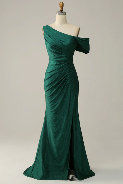 Fish Tail One Shoulder Deep Green Long Prom Dress