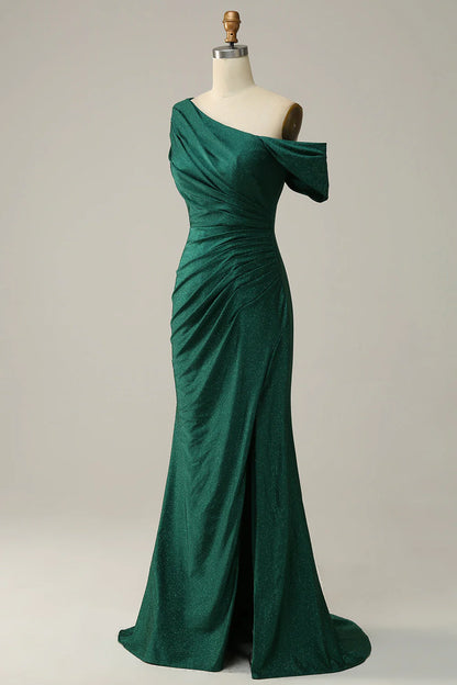 Fish Tail One Shoulder Deep Green Long Prom Dress