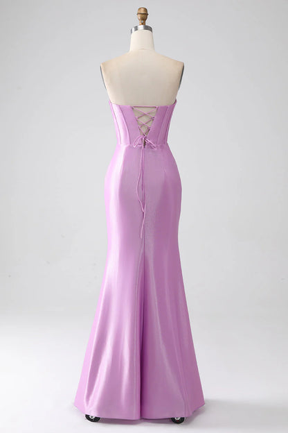 Pleated strapless purple mermaid corset prom dress
