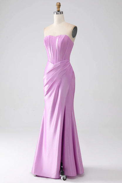 Pleated strapless purple mermaid corset prom dress