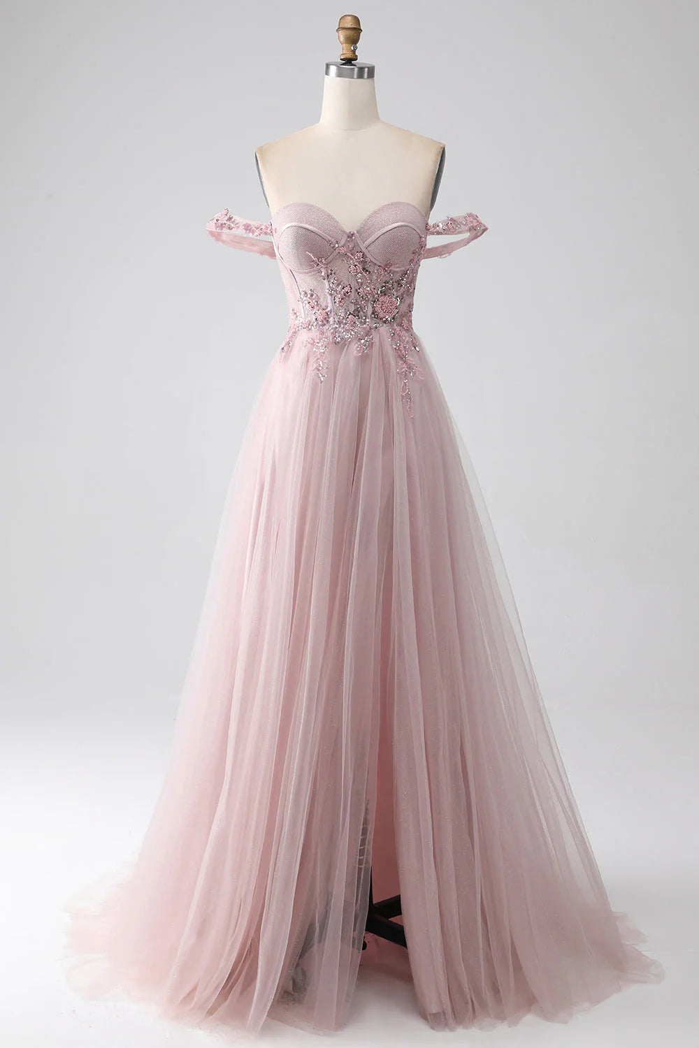 Split off shoulder A-line beaded prom dress