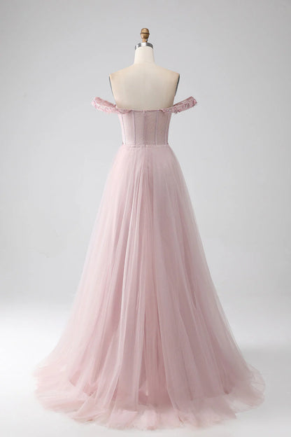 Split off shoulder A-line beaded prom dress
