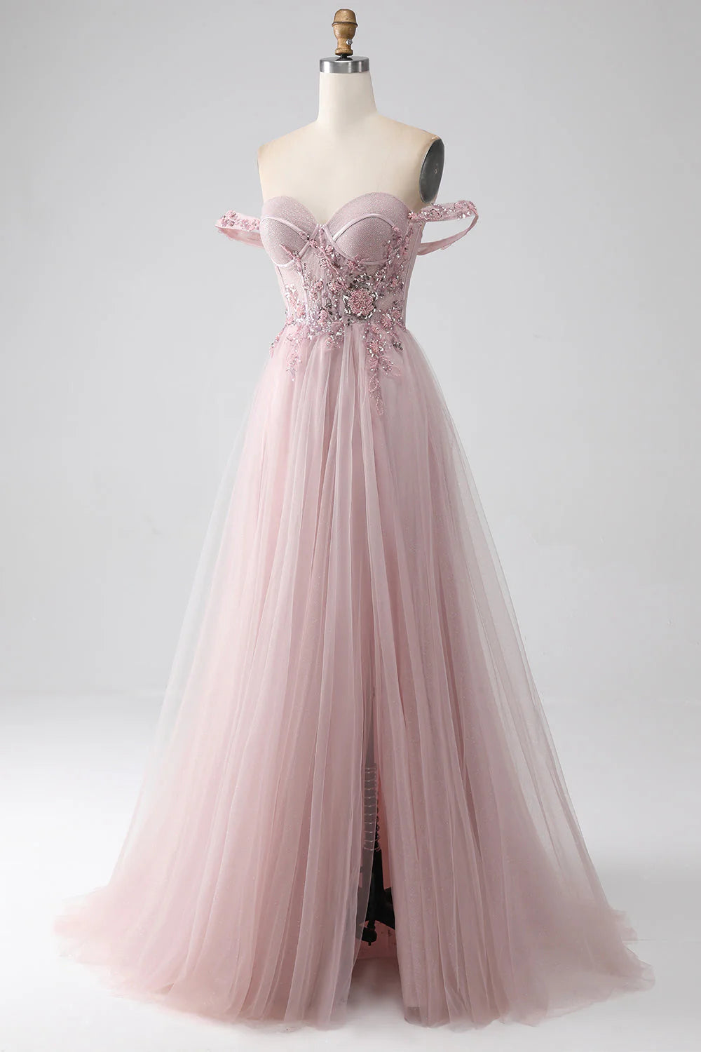 Split off shoulder A-line beaded prom dress