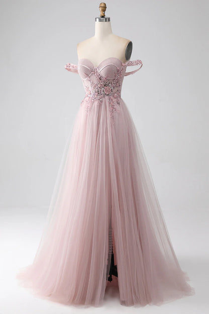 Split off shoulder A-line beaded prom dress