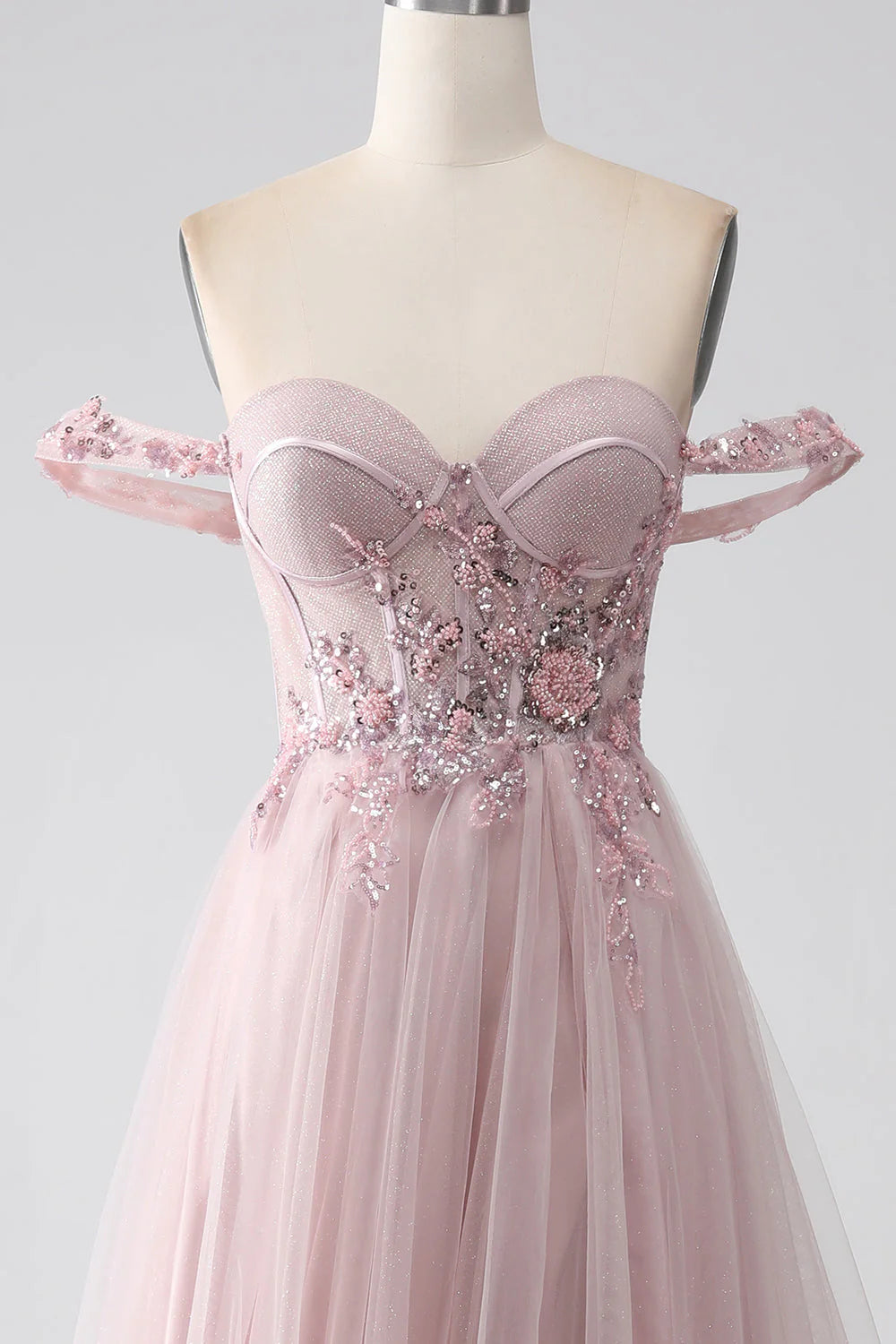 Split off shoulder A-line beaded prom dress