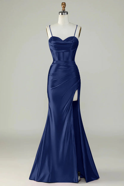 Royal blue thin shoulder strap slit fishtail long prom dress