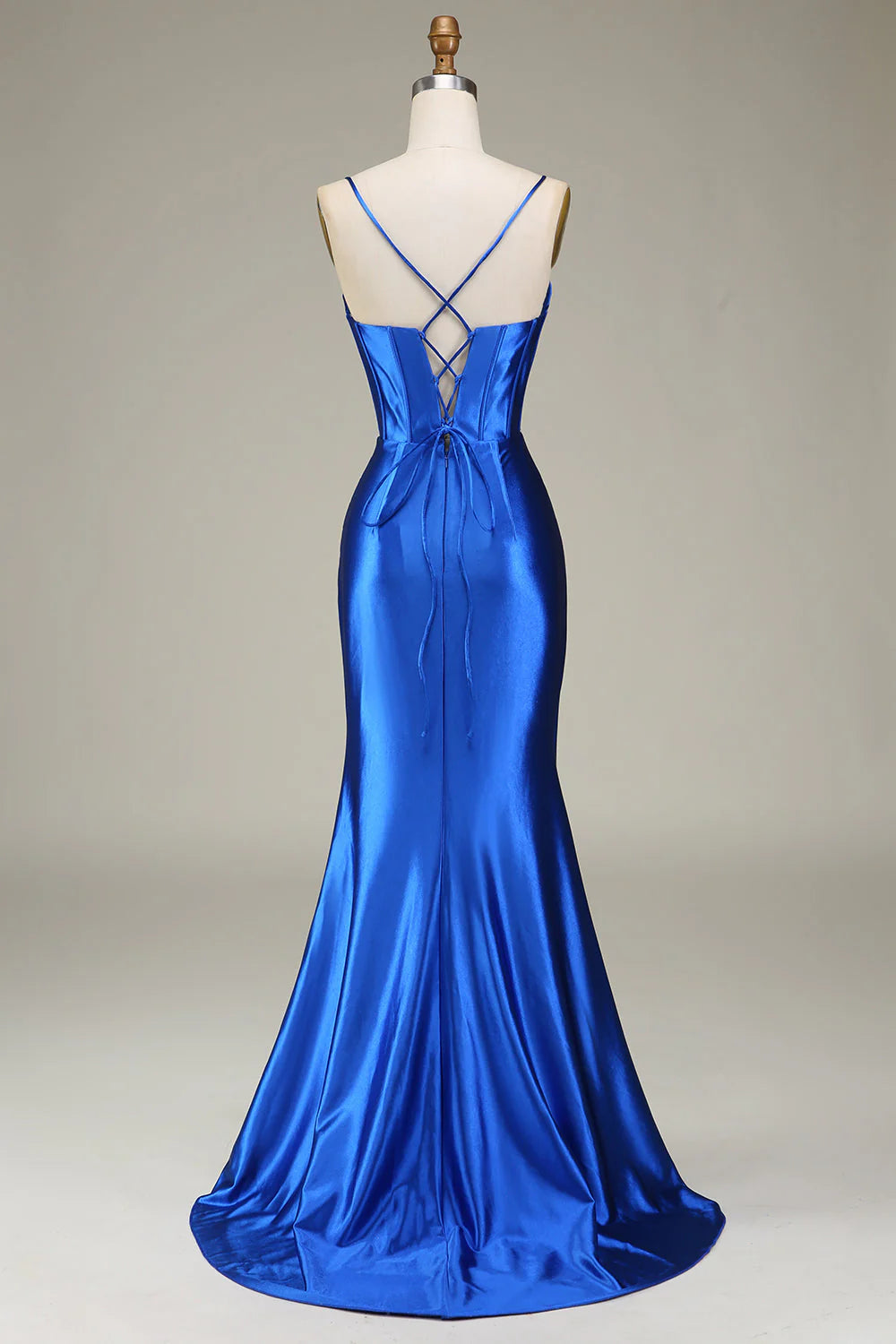 Royal blue thin shoulder strap slit fishtail long prom dress