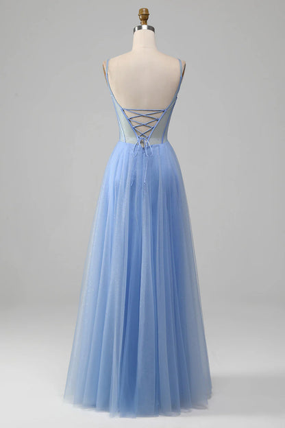 Light blue A-shaped V-neck sheer sticker prom dress