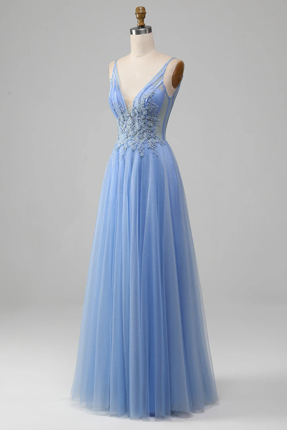 Light blue A-shaped V-neck sheer sticker prom dress