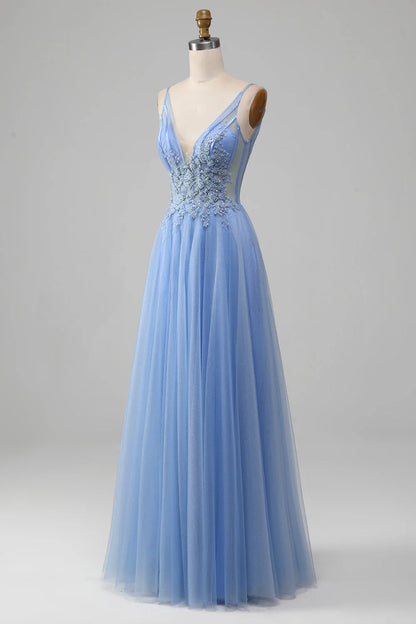 Light blue A-shaped V-neck sheer sticker prom dress