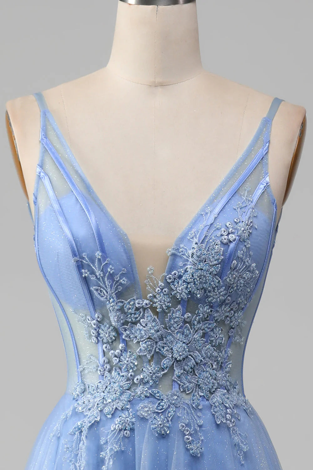 Light blue A-shaped V-neck sheer sticker prom dress