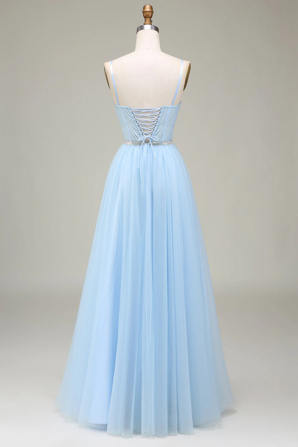 Shiny light blue A-shaped sticker sheer prom dress